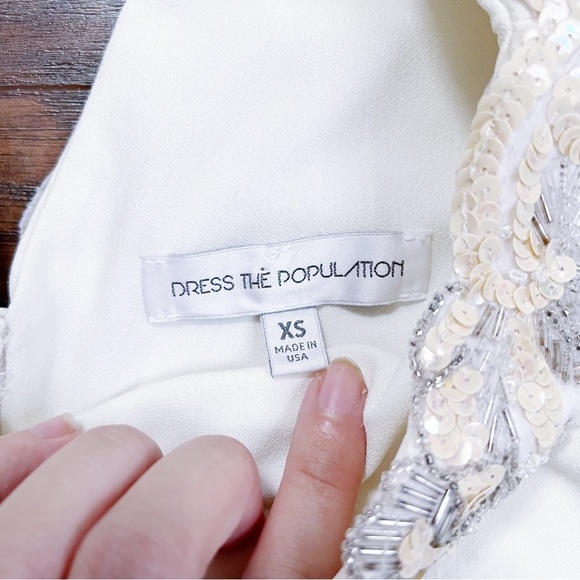 Dress The Population • bell sleeve mini dress cream crepe shift beaded sequin - Picture 3 of 10